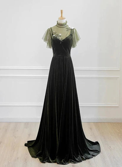 Vestido largo de fiesta de boda de terciopelo verde con corte A